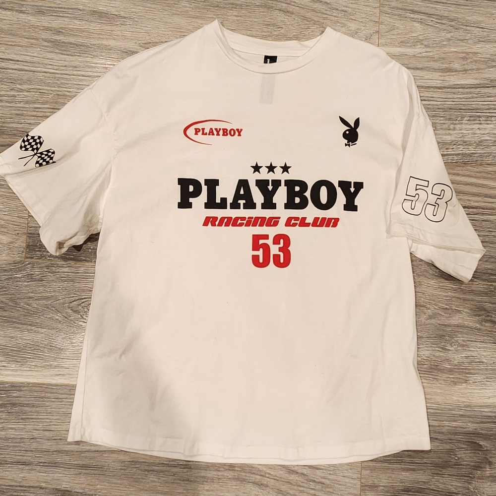PLAYBOY Womens White Racing Club Tee with Red Accents